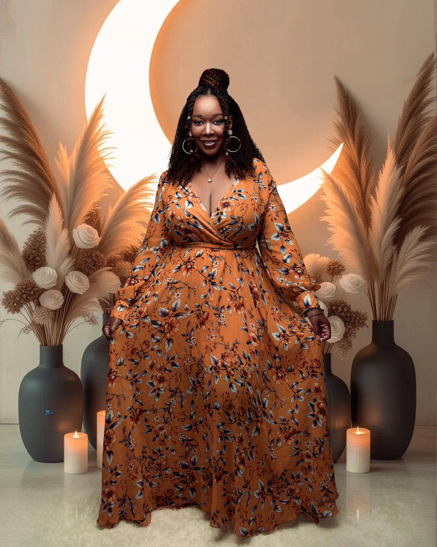 Woman in a rust floral dress smiling in front of a glowing crescent moon prop with pampas grass and candles
